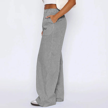 Striped Trousers With Pockets Ins Fashion Casual Wide Leg Straight Pants For Women Clothing